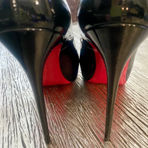 AUTHENTIC CHRISTIAN LOUBOUTIN NEW VERY PRIVE 120 BLACK PATENT HEELS OPEN TOE - Picture 4 of 16